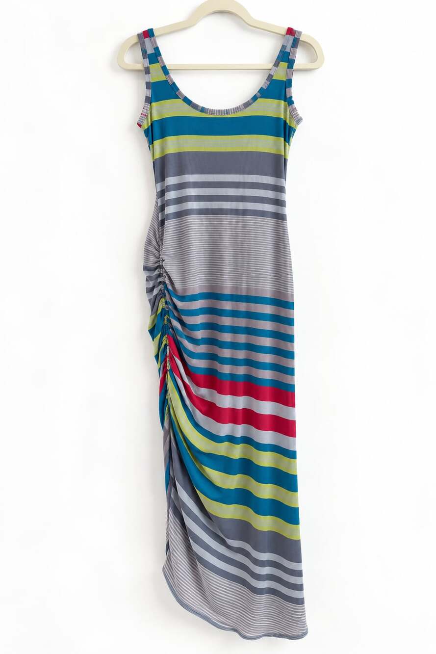 Weston Wear Striped Maxi Dress Size L Colorful Sleeveless Ruched NWT - Picture 2 of 5